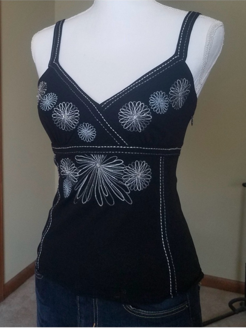 European Fashion OASIS Black Embroidered Mesh Strappy Top from London NEW